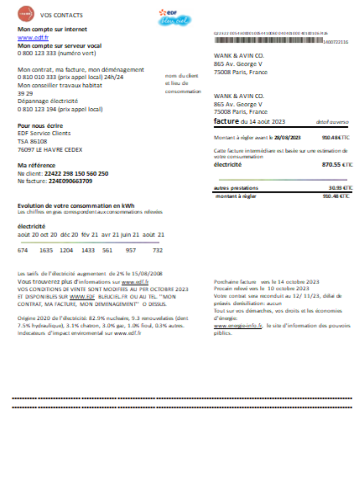 EDF France proof of address utility business bill,  SCR PSD template